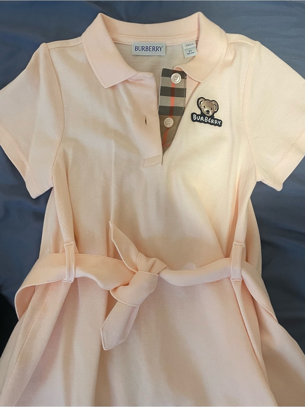 Burberry Girls Pale Pink Polo Dress with Tie Belt and Bear Patch